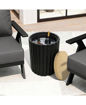 Fluted Round Patio Side Table with Removable Lid & Galvanized Metal Ice Bucket