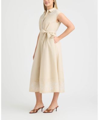 Women's Maxi Belted Dress with Embroidered Detail