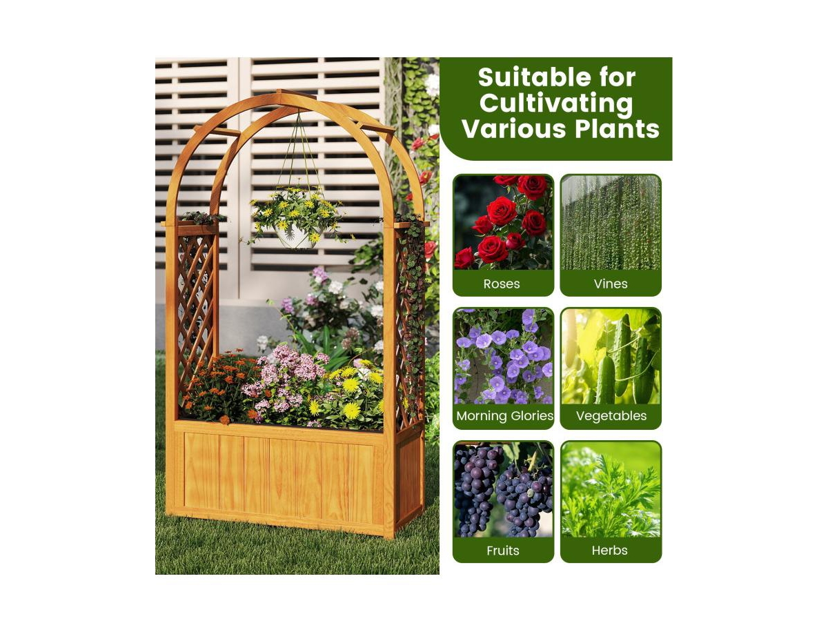 Slickblue Outdoor Wooden Garden Bed with Lattice Trellis and Arch