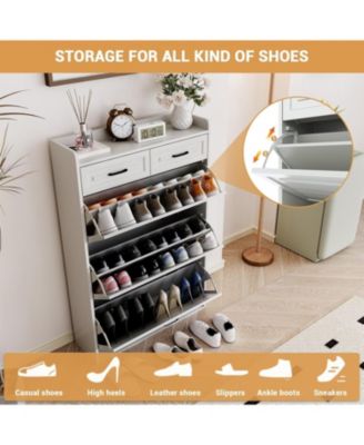Narrow Entryway Wooden Shoe Cabinet, 2 Drawers + 3 Flip Drawers, Hidden Storage Design