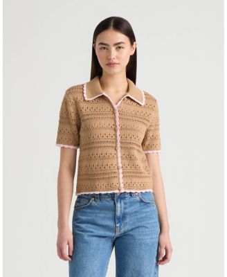 Women's Button Front Crochet Sweater with Contrast Edge