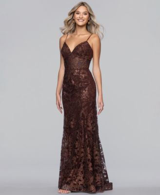 Juniors' V-Neck Glitter Lace-Up Gown
