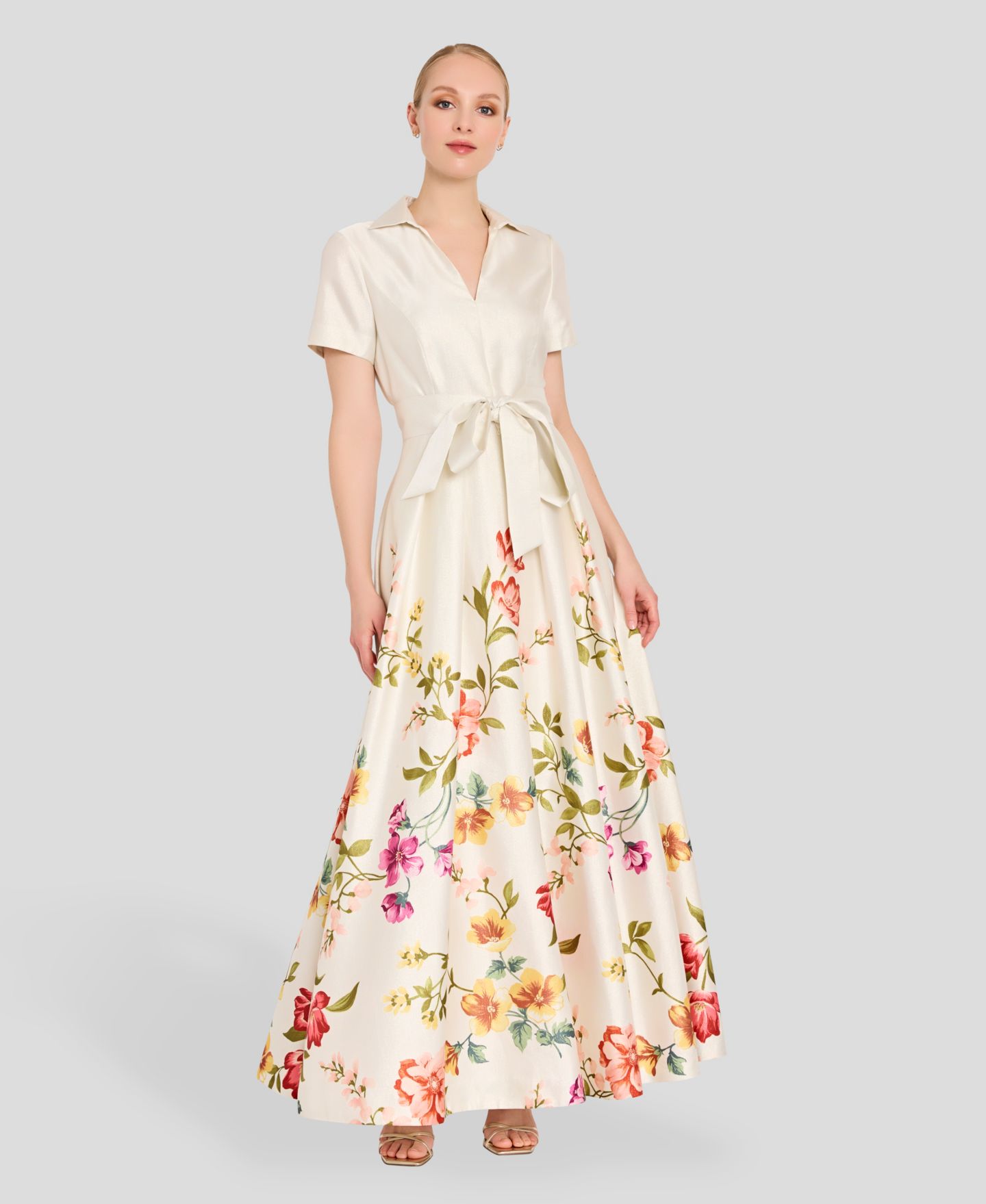 Женские платья Tahari ASL V-Neck Short-Sleeve Printed Gown, цвет: Кремовый пудровый — фото 3