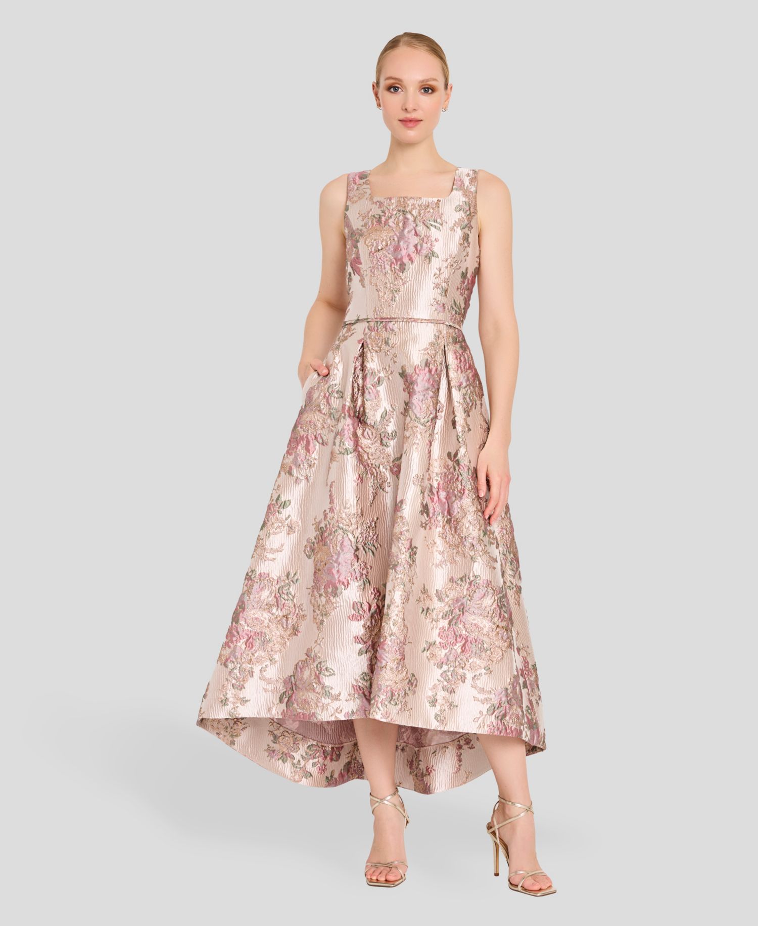 Women's Metallic Jacquard High-Low Square Neck Dress