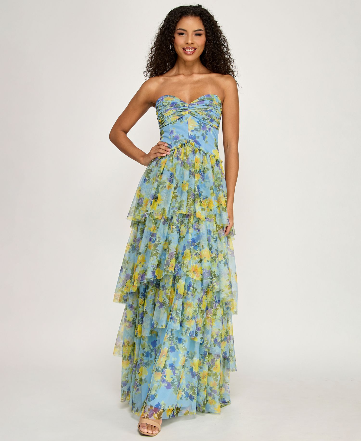 Juniors' Strapless Sweetheart Neck Floral Ball Gown