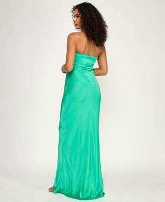 Juniors' Strapless Sweetheart Twist-Front Satin Maxi Dress