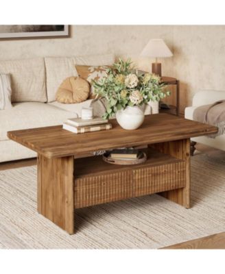 2-Tier Solid Wood Coffee Table with 2 Drawers, 47.24" Rustic Rectangle Center Tea Table for Living Room with Open Shelf Storage