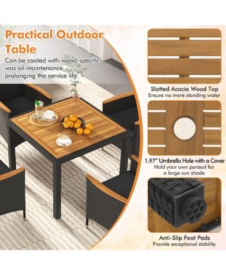 Set Of 5 Patio Dining Table Set for 4 Rattan Conversation Set w/ Umbrella Hole