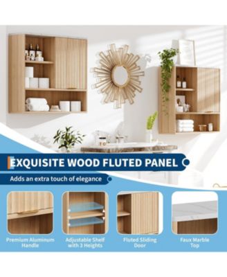Fluted Bathroom Wall Cabinet with Sliding Door, Faux Marble Top, Adjustable Shelf & Open Storage, Curved Profile