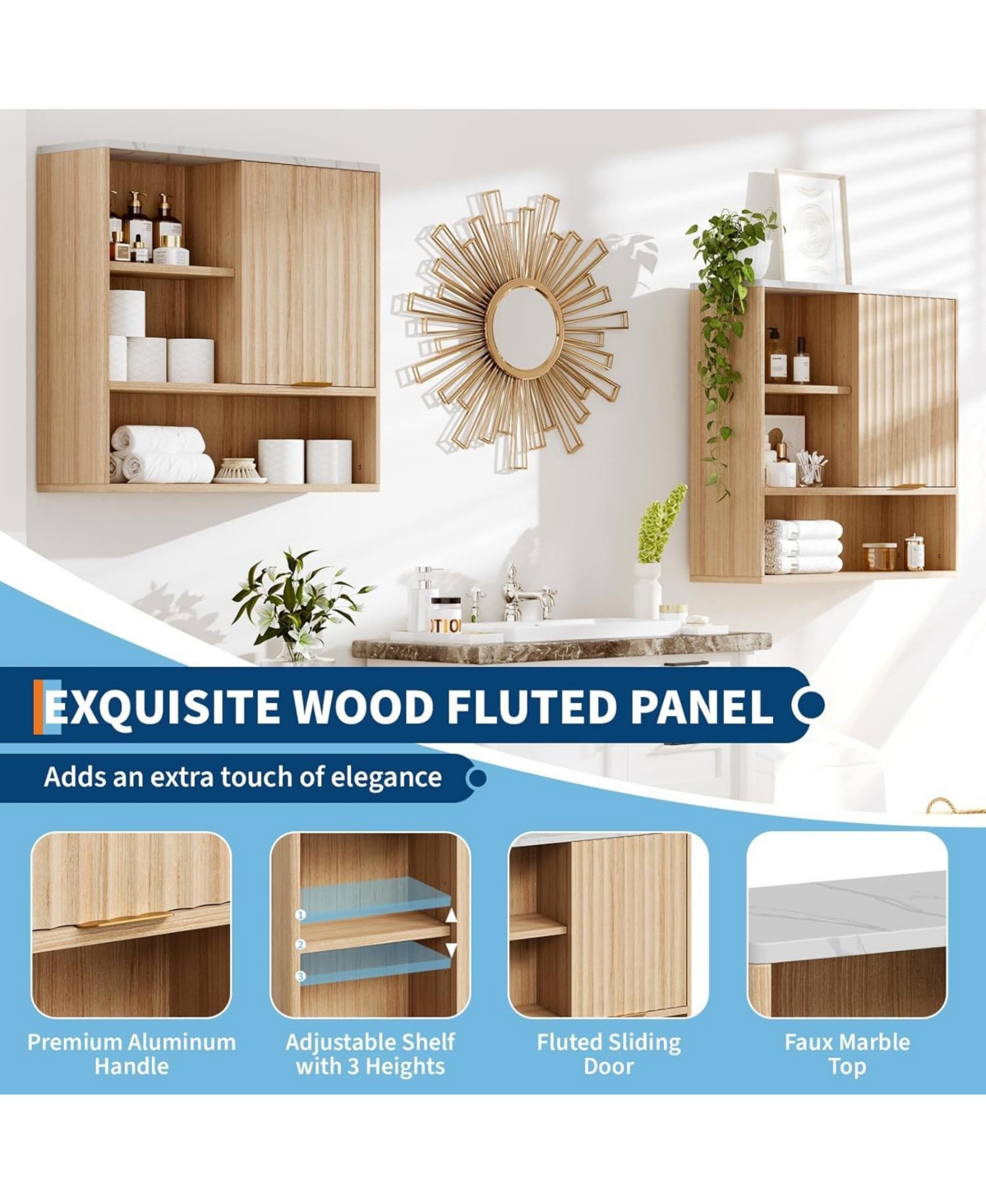 gaomon Fluted Bathroom Wall Cabinet with Sliding Door, Faux Marble Top, Adjustable Shelf & Open Storage, Curved Profile