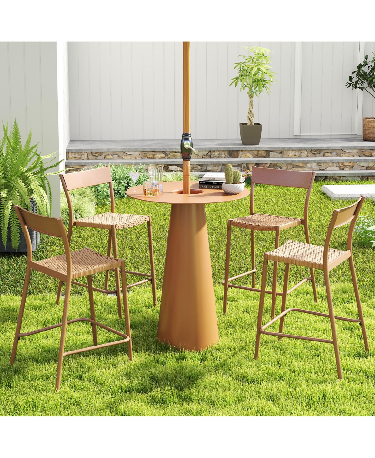 Gymax 4PCS Patio Barstools Outdoor Bar Height Chairs w/ Rattan Seat & Metal Backrest
