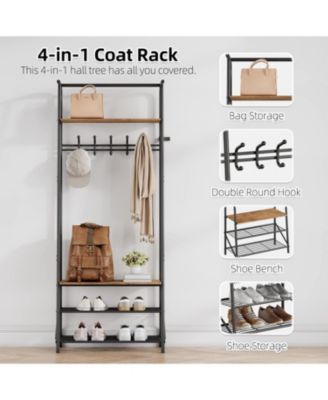 Hall Tree with 5 Hooks, 4-In-1 Entryway Coat Rack and Shoe Storage Bench