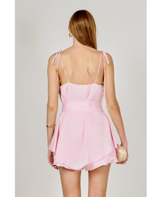 Women's Spaghetti Tie Belted Romper Dress