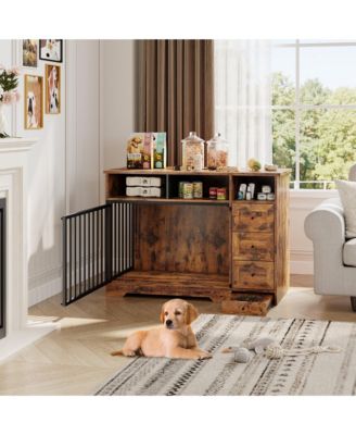 47.8 Inch Dog Crate Furniture Kennel with Doors Wooden Pet House with Drawers and Storage Cabinet