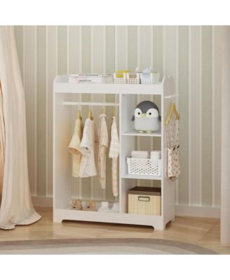 Wooden Dress Up Clothes Rack - Toddler Costume Organizer with Mirror, Hanging Rod, 3 Side Hooks, Storage Shelves and Top Shelf for Bedroom