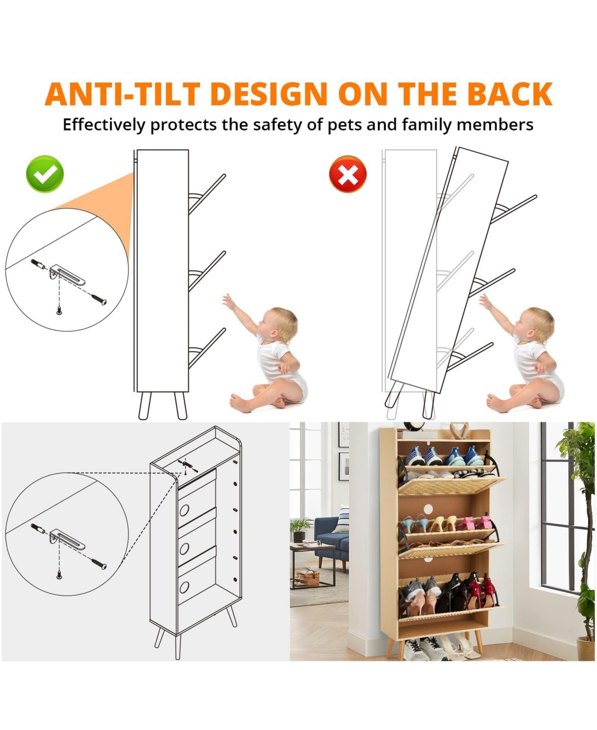 gaomon Narrow Entryway Shoe Bench, 3 Flip Drawers with Woven Rattan Front, Space-Saving Design