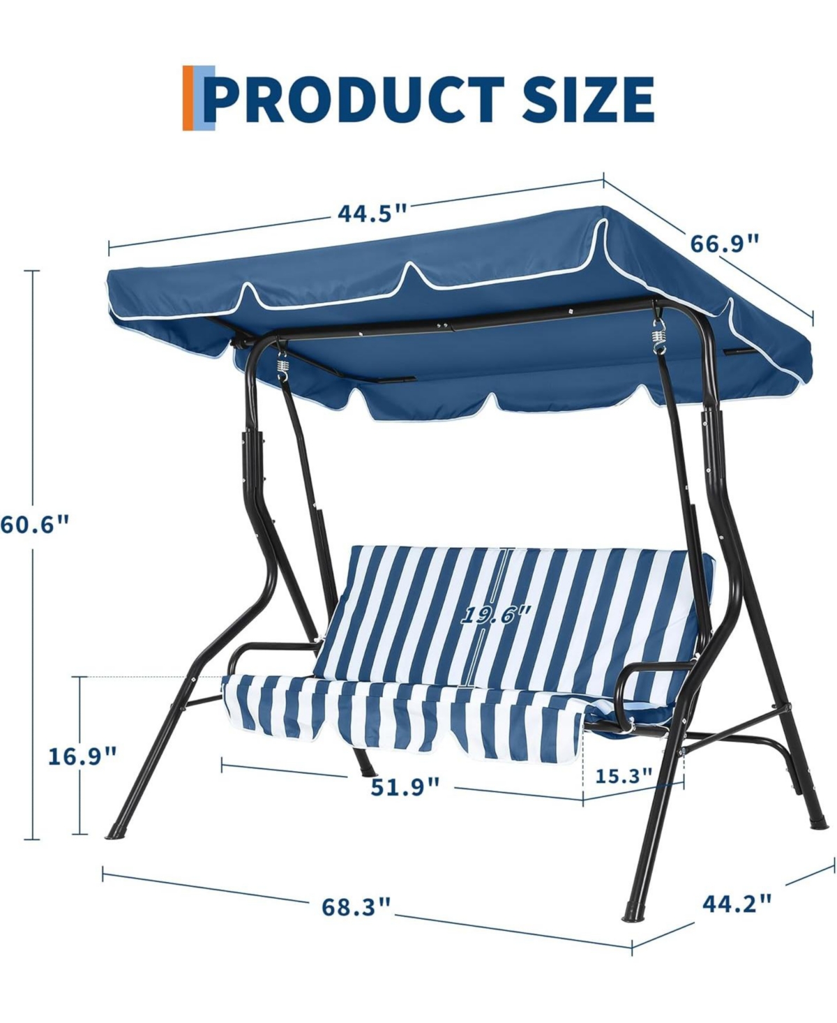 gaomon Outdoor Porch Swing Chair with Adjustable Canopy & Striped Seat Cushion for Adults 3-Seat Patio Glider Bench with Thick Cushions