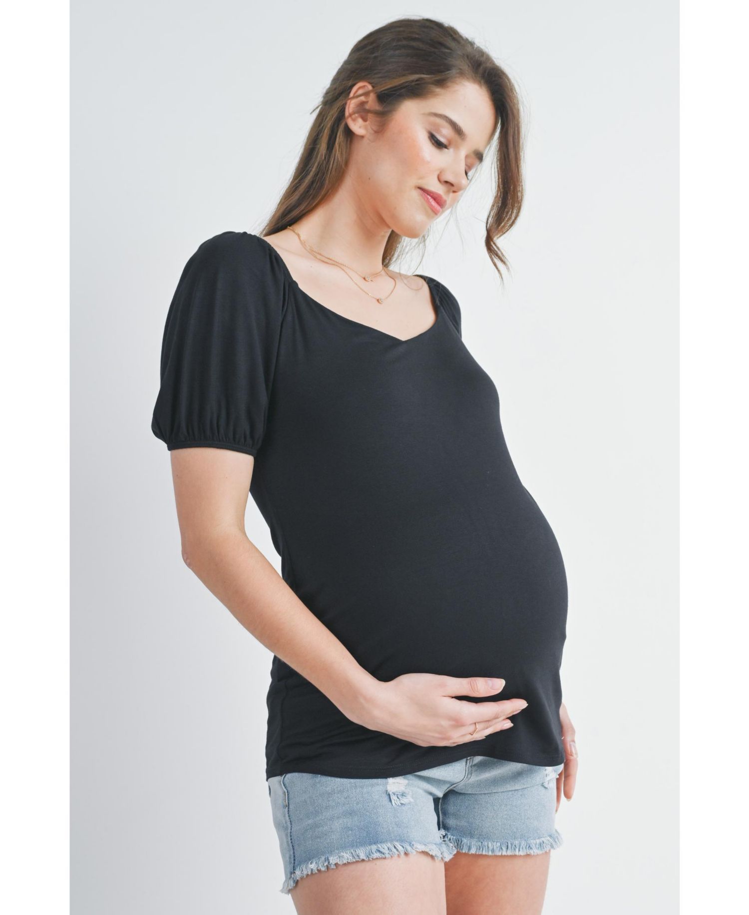 Maternity Short Sleeve Sweetheart Neck Puff Top