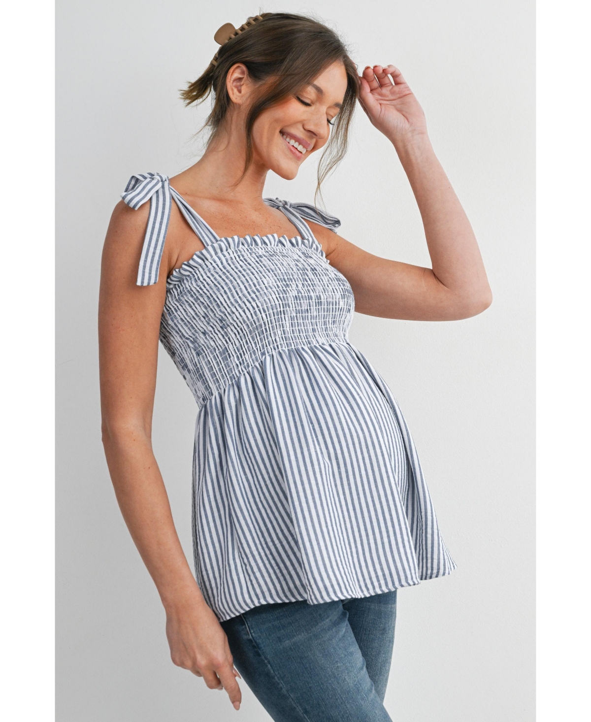 Hello Miz Maternity Striped Smocked Square Neck Tie Strap Top