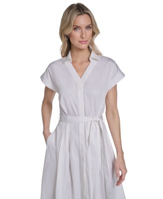 Women's Belted Cap-Sleeve Collared Midi Shirtdress