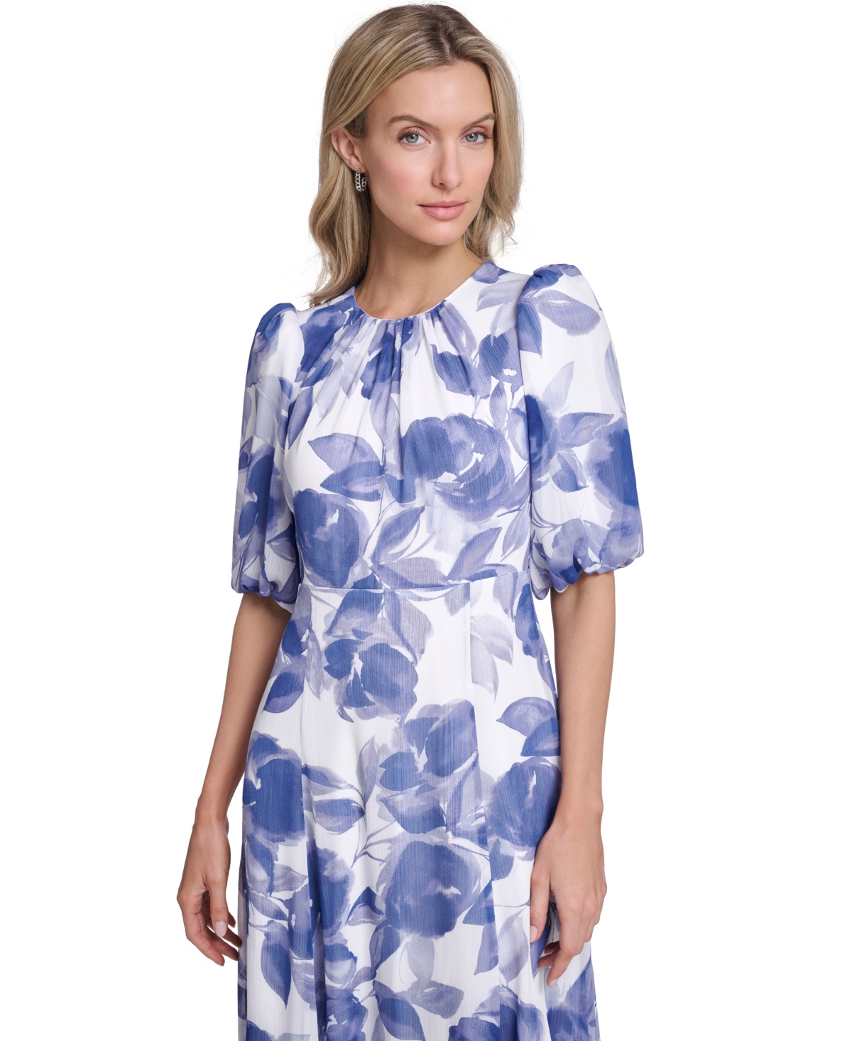 Calvin Klein Petite Balloon-Sleeve Printed Midi Dress