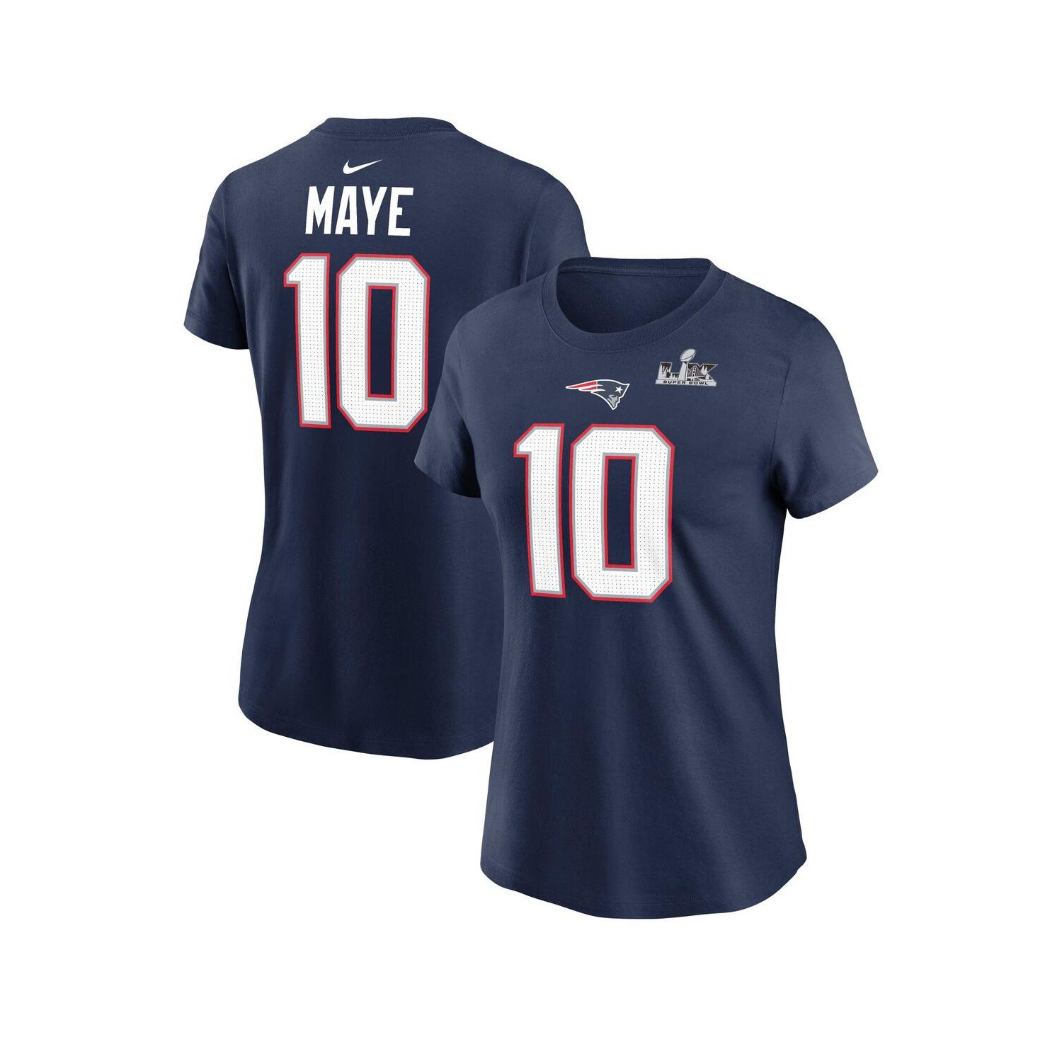 Women's Drake Maye Navy New England Patriots Super Bowl LX Patch Name & Number T-Shirt