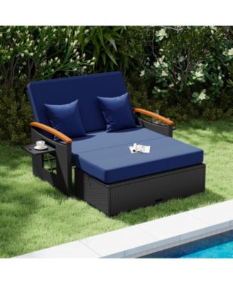 Patio Rattan Daybed Set w/Cushioned Loveseat & Storage Ottoman for Porch Outdoor