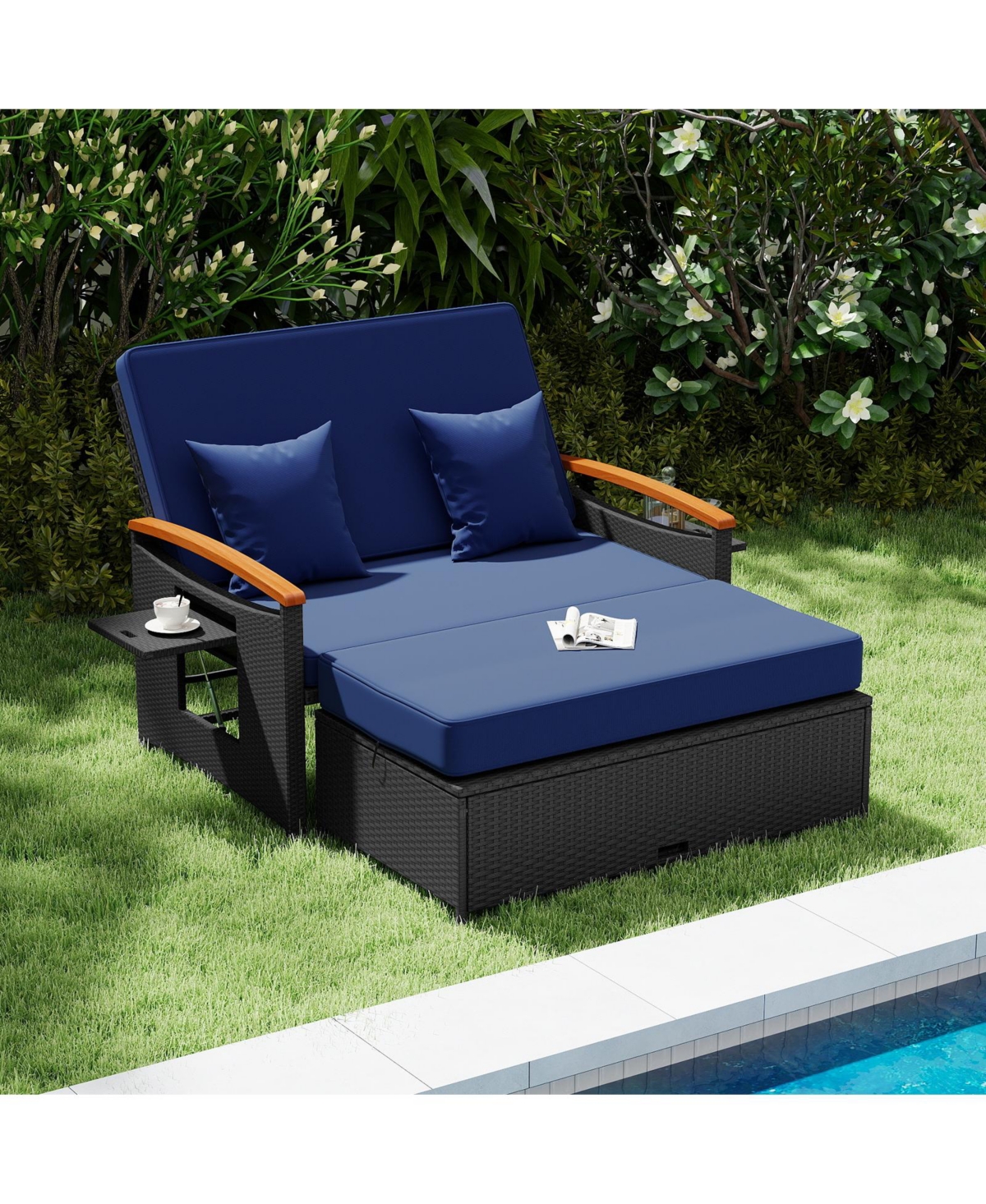 Gymax Patio Rattan Daybed Set w/Cushioned Loveseat & Storage Ottoman for Porch Outdoor