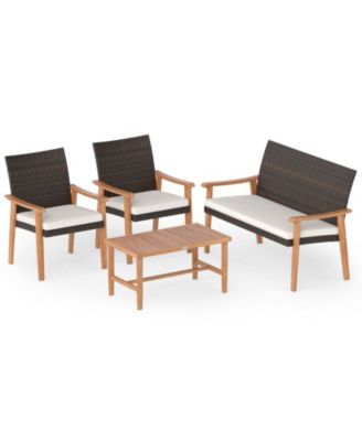 4 OCS Patio Furniture Set with Acacia Wood Coffee Table and Soft Cushions for Garden