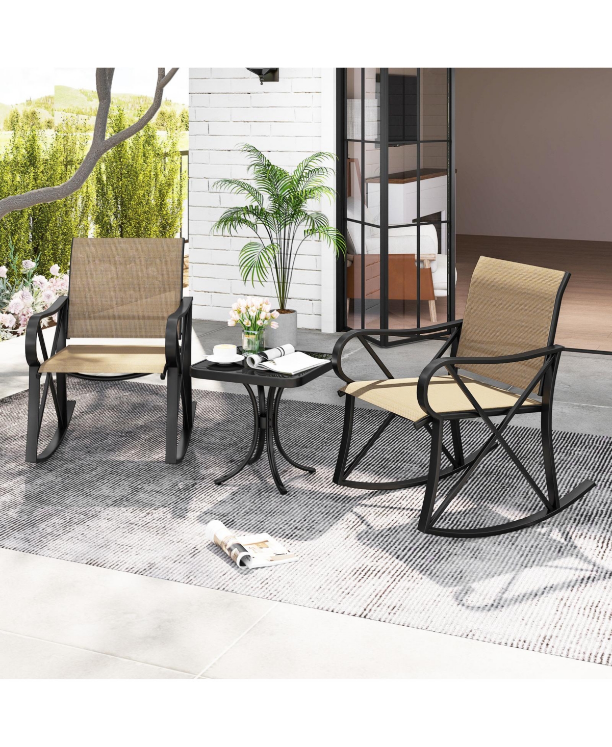 Gymax 3 Piece Patio Rocking Set 2 Chairs w/ Tempered Glass Side Table