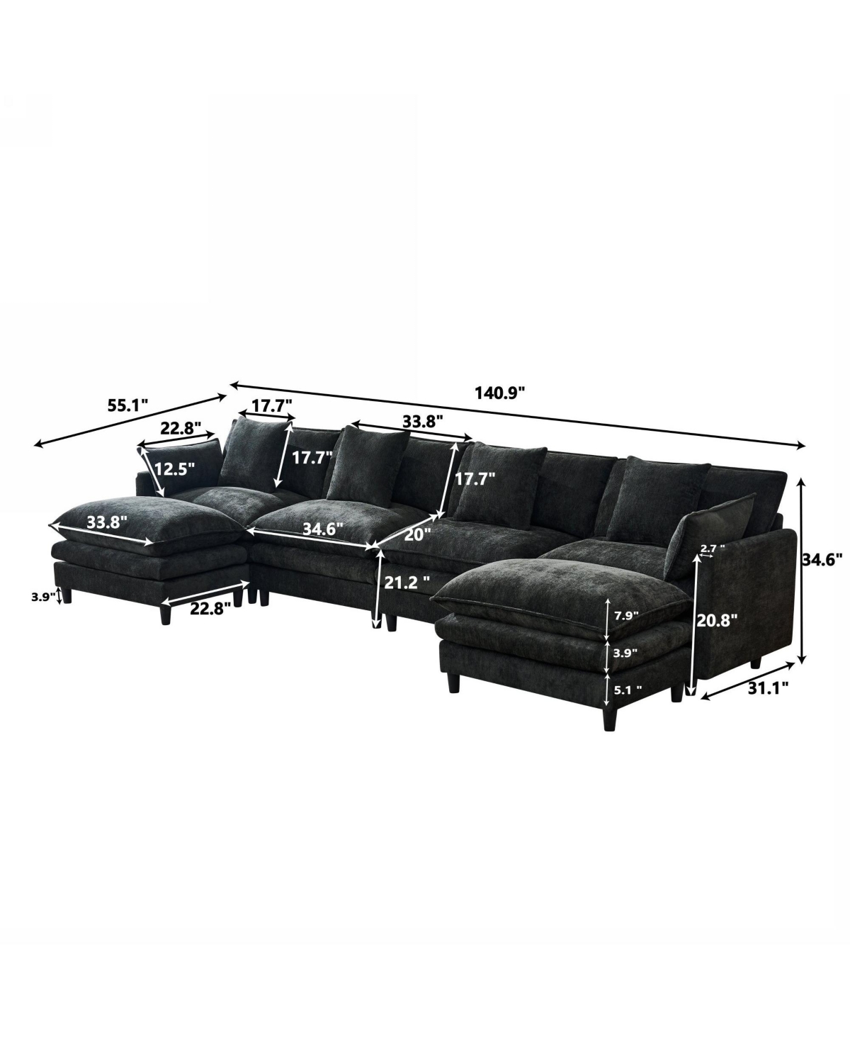 Boyel Living 140.9 Inch U-Shaped Modular Sectional Sofa with 2 Ottomans