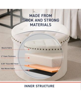 Large 20" Round Collapsible Storage Ottoman with Nailhead Trim