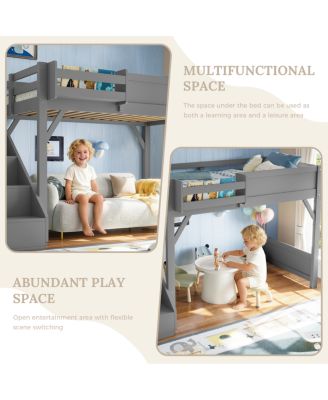 Twin Loft Bed with Wardrobe, Storage, Shelves, Guardrails & Stairs