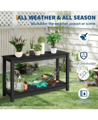  2-Shelf Console Table, Indoor Outdoor 2-Tier Patio Buffet Table with Adjustable Foot Pad, Wooden Bar Storage Organizer
