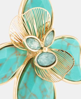 Gold-Tone Faux Turquoise Large Flower Drop Earrings