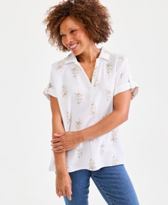 Women's Printed Cotton Gauze Collared Popover Top
