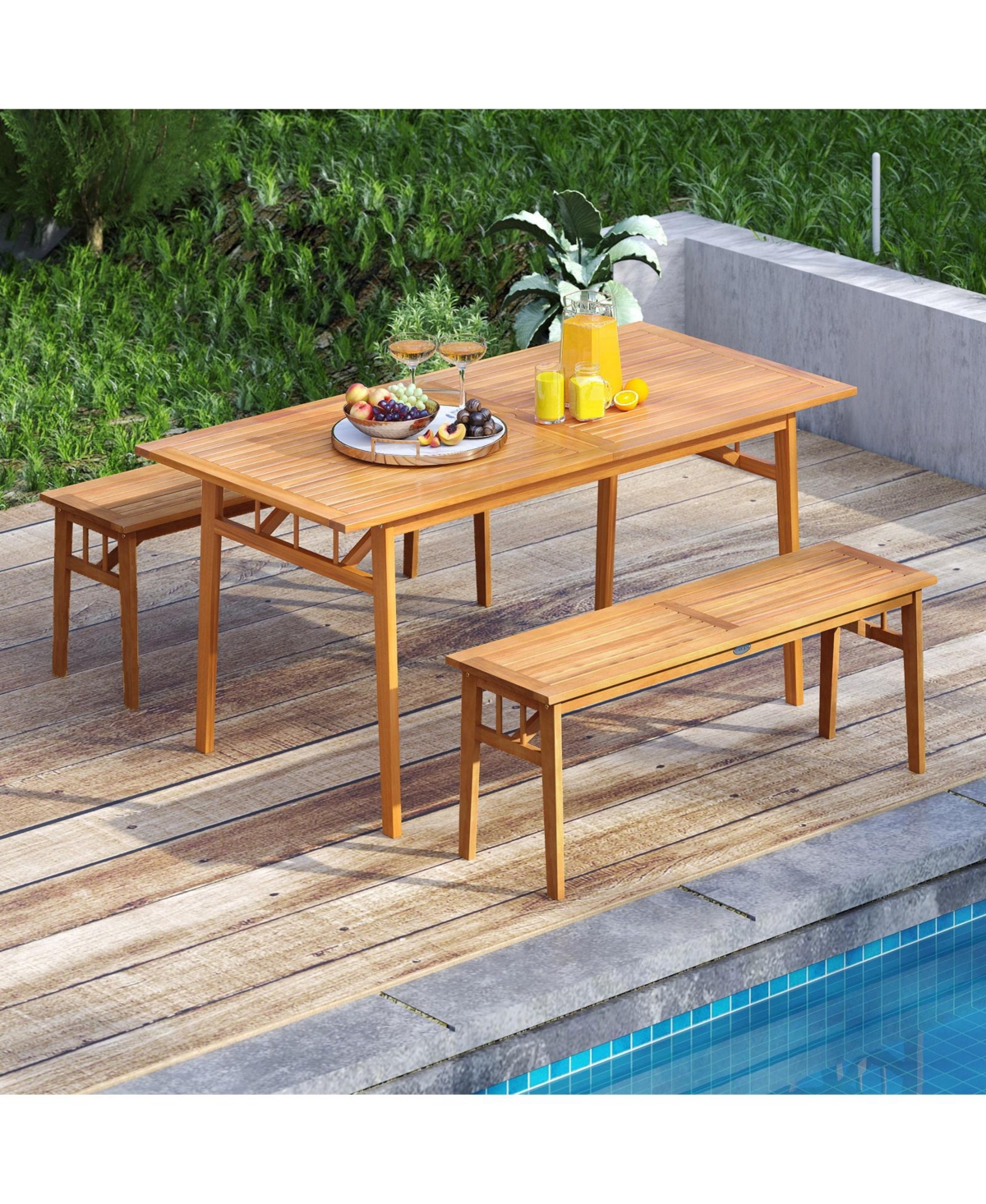 Gymax 3PCS Patio Dining Set Rectangular Picnic Table & 2 Benches w/1.97'' Umbrella Hole