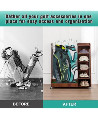 Golf Bag Storage Rack - Wooden Golf Clubs Organizer Fit 2 Golf Bags and Other Golfing Equipment Accessories for Garage, Club, Basement