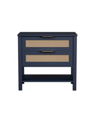 Rattan Nightstand - Bedside Table with 2 Drawers, Open Storage Shelf and Gold Drawer Handles for Bedroom, Living Room, Hallway
