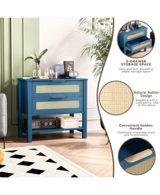 Rattan Nightstand - Bedside Table with 2 Drawers, Open Storage Shelf and Gold Drawer Handles for Bedroom, Living Room, Hallway