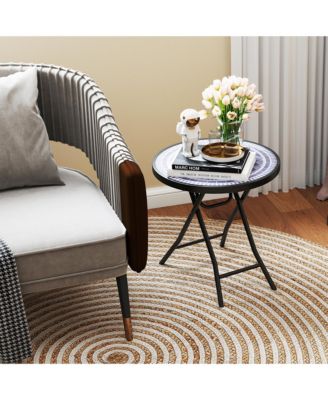 Round Folding Side Table 18 Inch Patio Coffee Table w/ Tempered Glass Tabletop