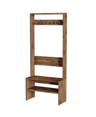 70.8” Tall Freestanding Coat Rack with Shoe Bench, 7 Hooks & 2 Shelves, Wood Hall Tree with Bench and Shoe Storage