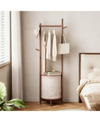 Solid Wood 9-Hook Coatrack with Wheels & Fabric Basket