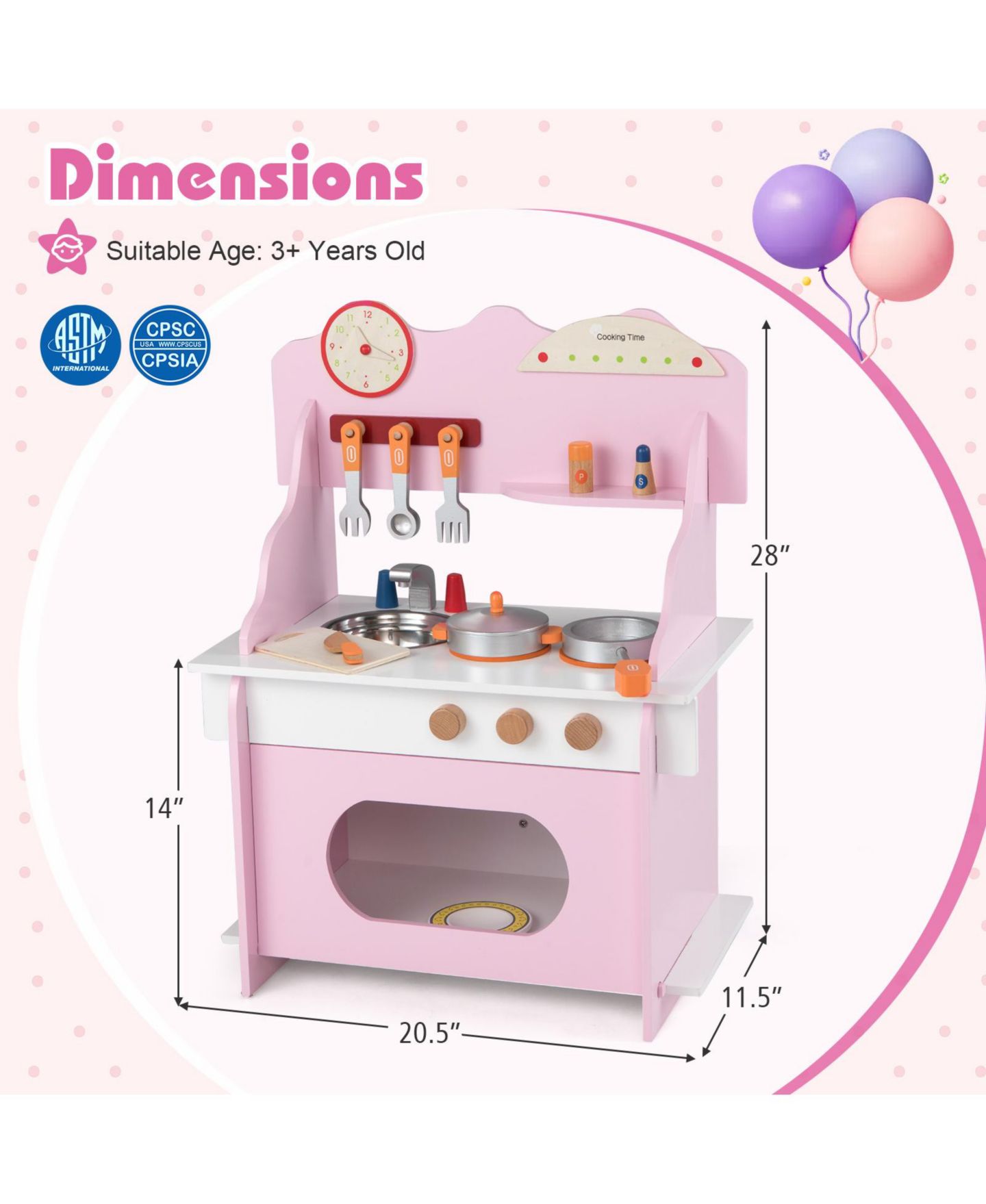 Детские игрушки Mecale Double-Burner Wooden Play Kitchen with Clock, 12-Piece Set, Ages 3+, цвет: Розовый — фото 2
