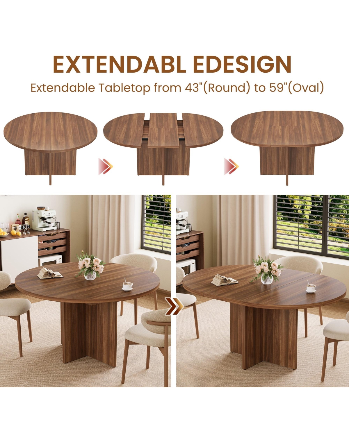 gaomon 43.3''-59'' Extendable Round Dining Table for 4-8,Kitchen Oval Dining Table with Removable Leaves
