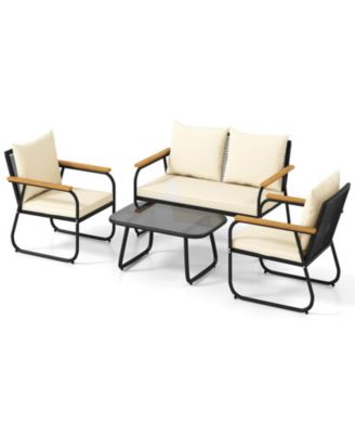 Set Of 4 Patio Furniture Set w/Tempered Glass Coffee Table PE Wicker Rattan Chairs