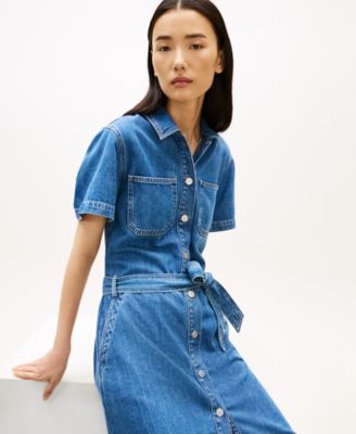 Women's Short-Sleeve Belted Denim Dress