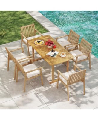 2 PCS Patio Dining Chairs w/ Removable Padded Cushion Armrests & Teak Oil Finish