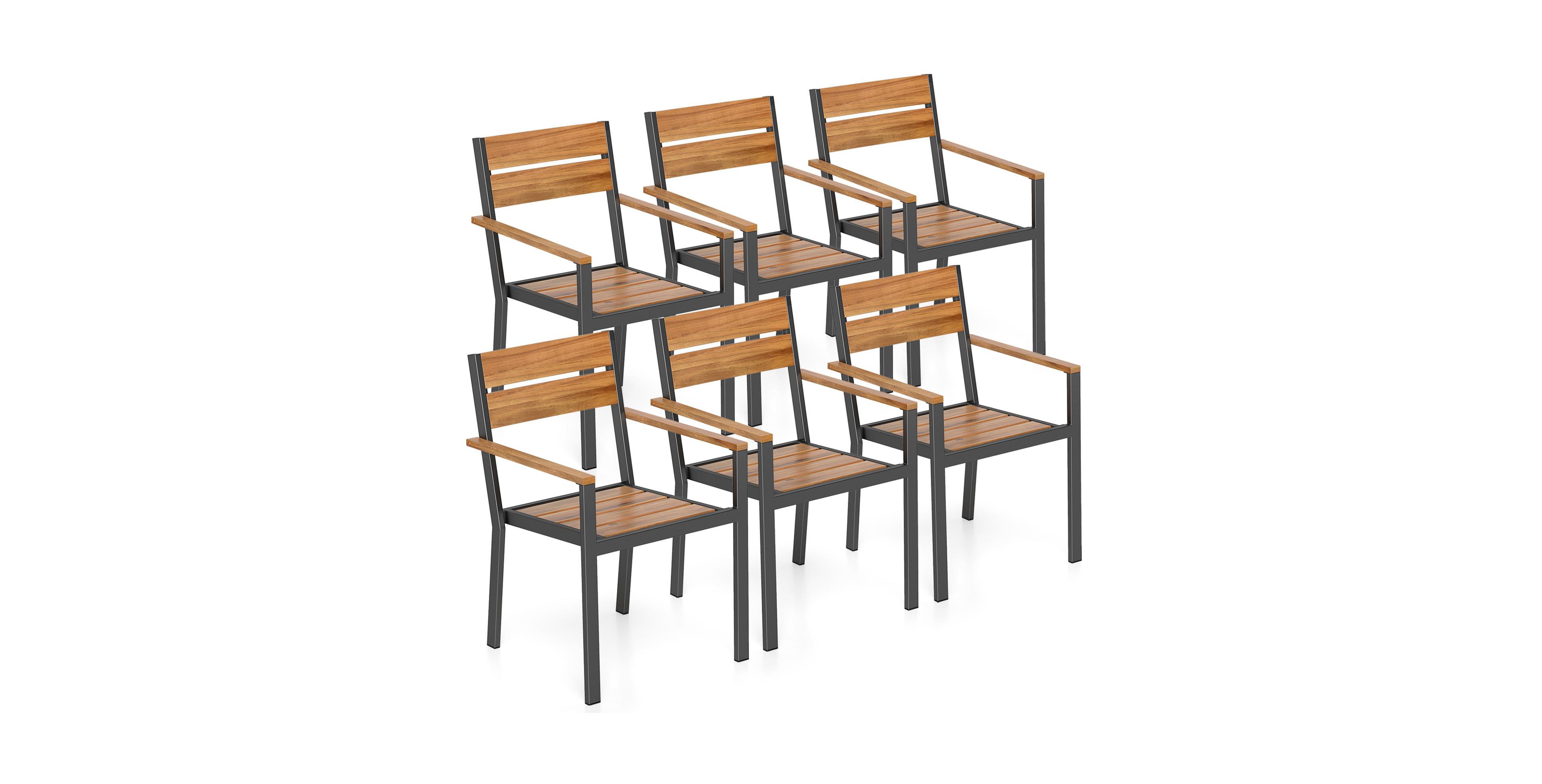 Gymax Patio Dining Chair set of 6 w/ Heavy-duty Metal Frame 6 Acacia Armrest Stackable Chairs