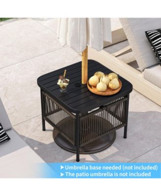 PE Rattan Outdoor Side Table with 1.57-Inch Umbrella Hole, Square Patio End Table